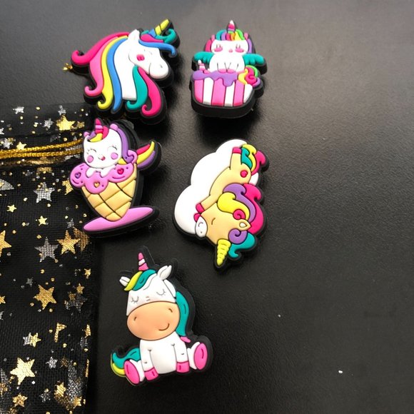 Unicorn Shoe Charms 5 Piece Variety Pack in Moon & Stars Sparkle Bag 1" Charms - Picture 2 of 3